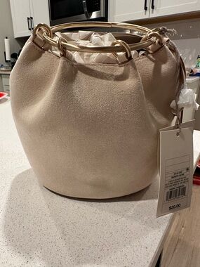 Target Beige Suede Bucket Shoulder Bag with Gold Ring Handles